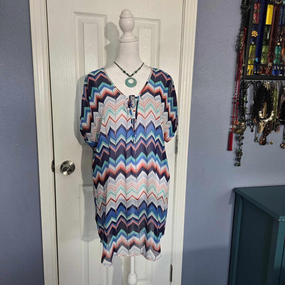 EMMELEE M/L CHEVRON PRINT SHEER BATHING SUIT COVER TUNIC SUMMER DRESS PINK AQUA